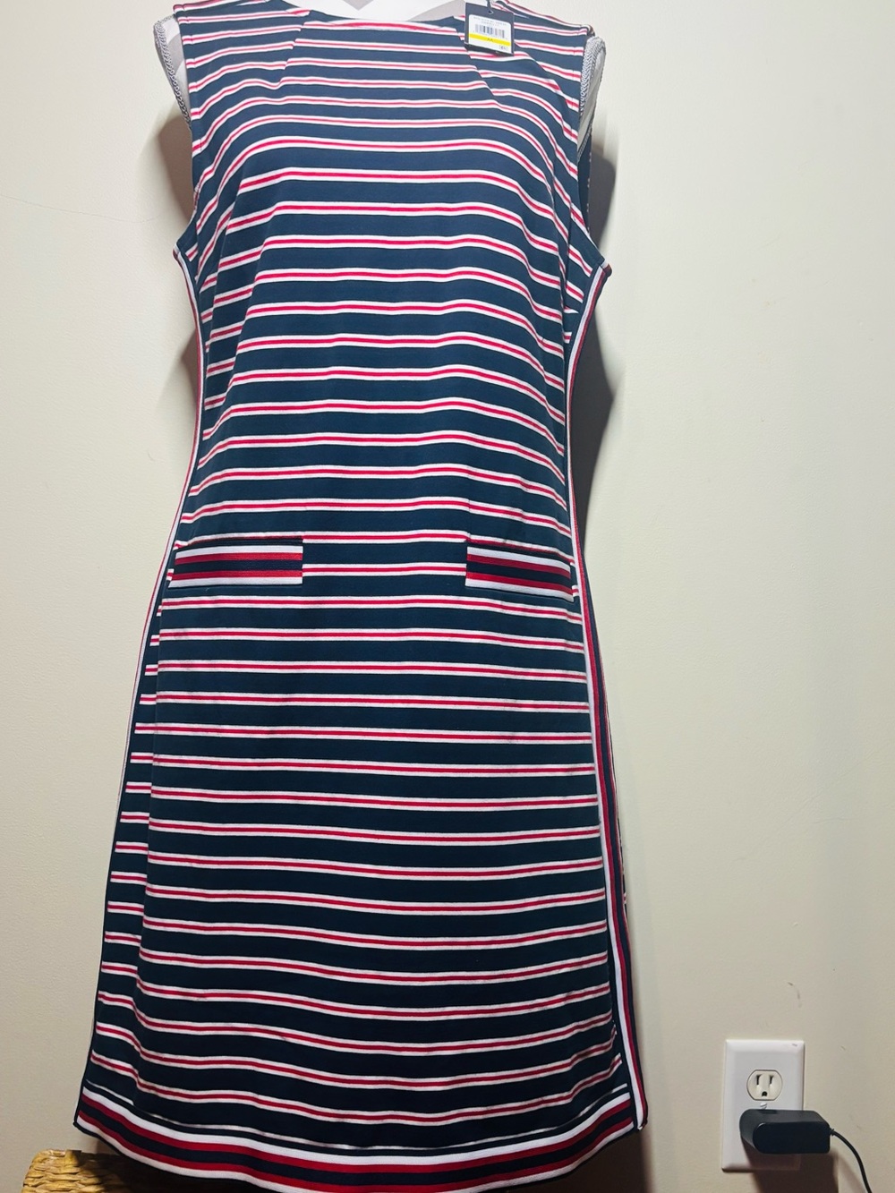 Tommy Hilfiger Polycotton Dress Striped Midi Dress in Blue & Red Medium NWT